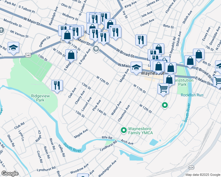 map of restaurants, bars, coffee shops, grocery stores, and more near 400 Pine Avenue in Waynesboro