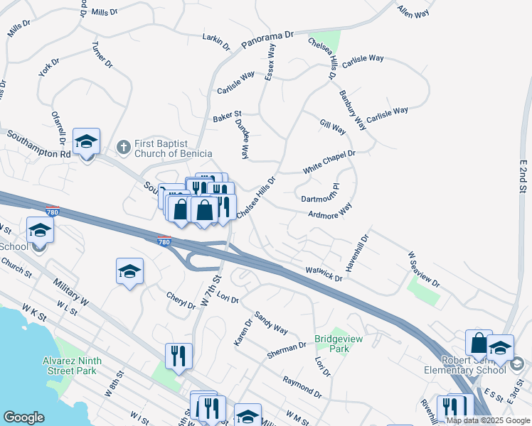 map of restaurants, bars, coffee shops, grocery stores, and more near 50 Chelsea Hills Drive in Benicia