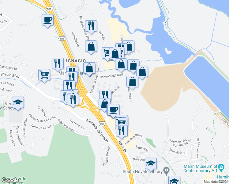 map of restaurants, bars, coffee shops, grocery stores, and more near 402 San Paulo Way in Novato