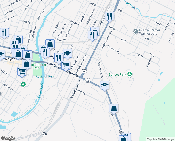 map of restaurants, bars, coffee shops, grocery stores, and more near 200 North Delphine Avenue in Waynesboro