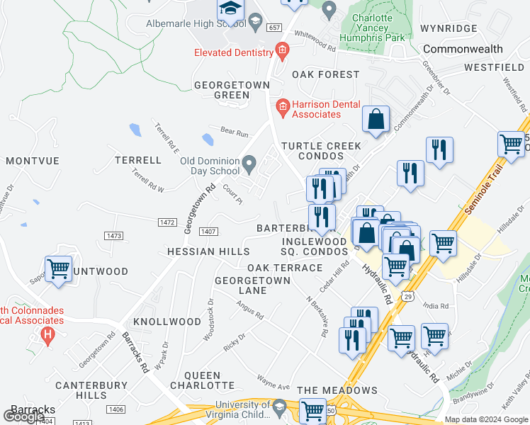 map of restaurants, bars, coffee shops, grocery stores, and more near 345 Bennington Road in Charlottesville