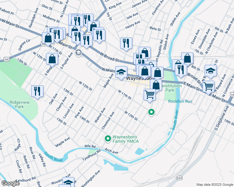 map of restaurants, bars, coffee shops, grocery stores, and more near 618 W 11th St in Waynesboro