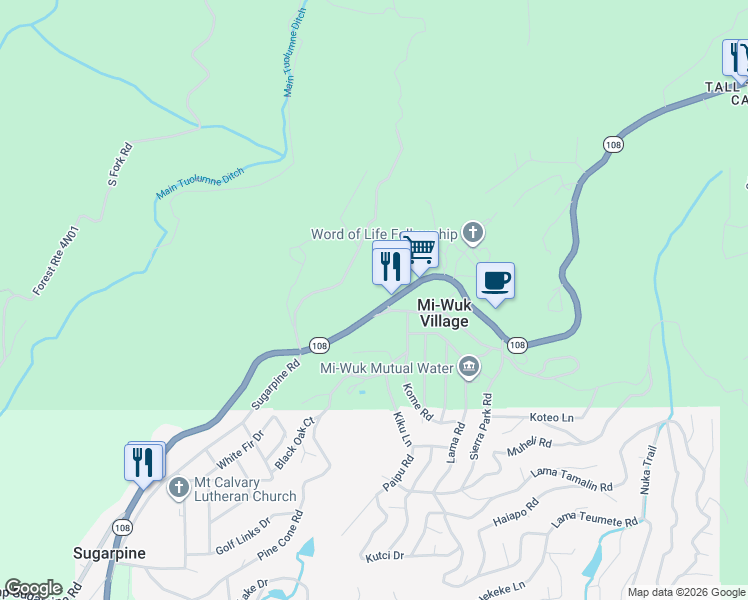 map of restaurants, bars, coffee shops, grocery stores, and more near 24530 California 108 in Mi-Wuk Village