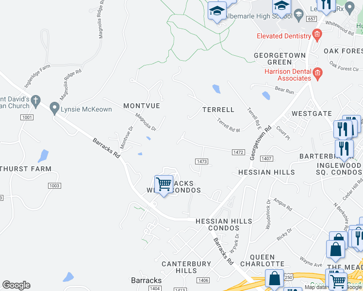 map of restaurants, bars, coffee shops, grocery stores, and more near 1731 Old Forge Road in Charlottesville