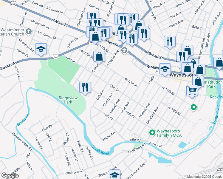 map of restaurants, bars, coffee shops, grocery stores, and more near 515 Cherry Avenue in Waynesboro