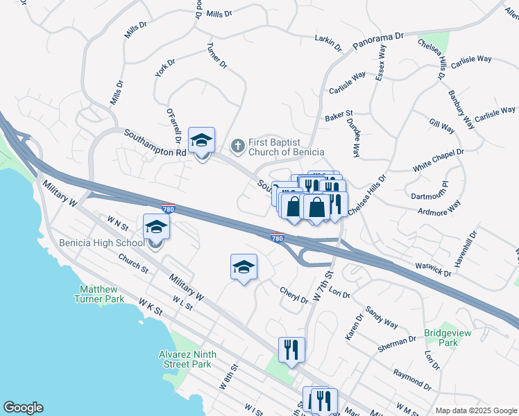 map of restaurants, bars, coffee shops, grocery stores, and more near 900 Southampton Road in Benicia