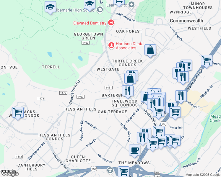map of restaurants, bars, coffee shops, grocery stores, and more near 2444 North Berkshire Road in Charlottesville