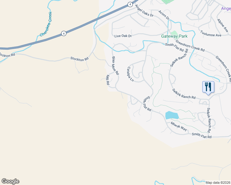 map of restaurants, bars, coffee shops, grocery stores, and more near 358 Blair Mine Rd in Angels Camp