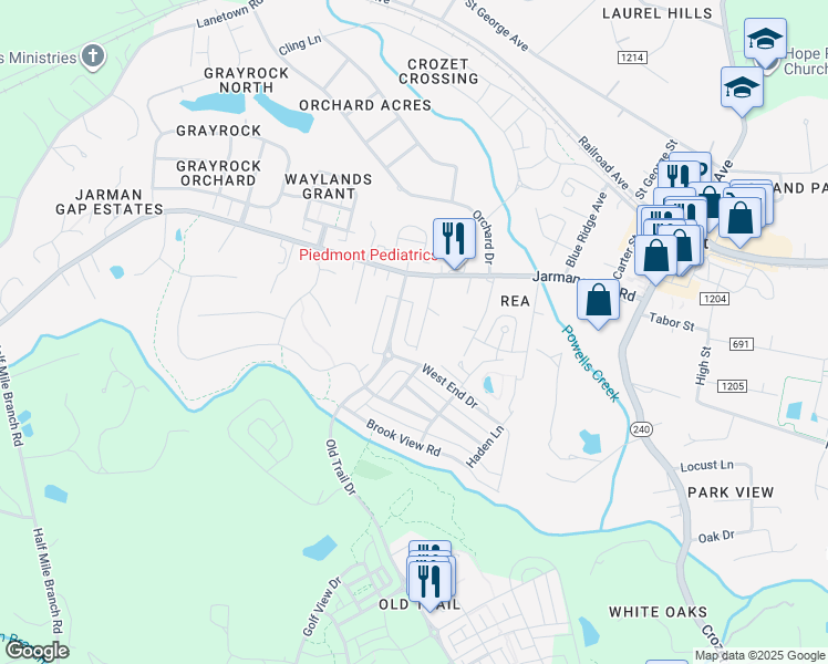 map of restaurants, bars, coffee shops, grocery stores, and more near 6106 Rothwell Lane in Crozet