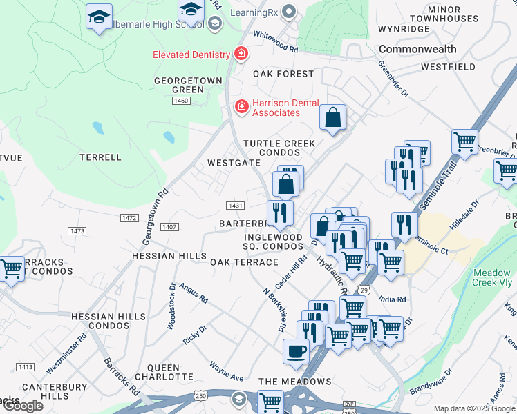map of restaurants, bars, coffee shops, grocery stores, and more near 2517 Hydraulic Road in Charlottesville