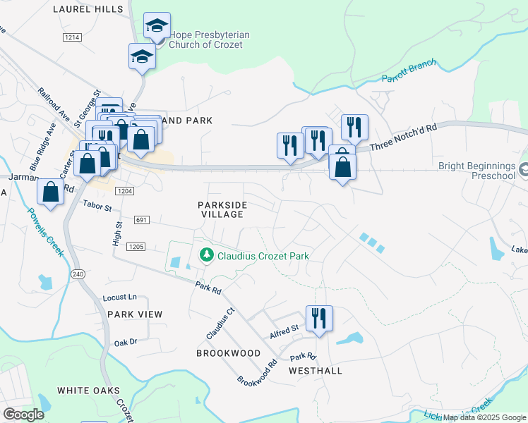 map of restaurants, bars, coffee shops, grocery stores, and more near 375 Claibourne Road in Crozet