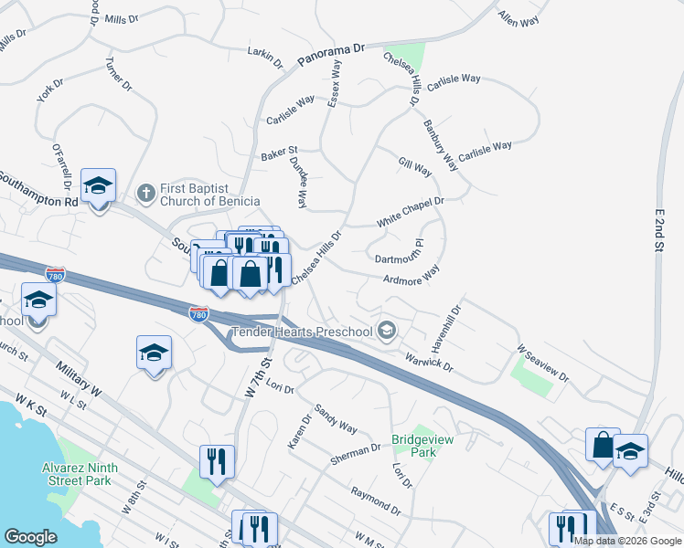 map of restaurants, bars, coffee shops, grocery stores, and more near 108 Ardmore Way in Benicia