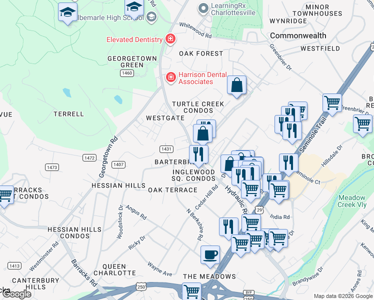 map of restaurants, bars, coffee shops, grocery stores, and more near 2501 County Road 743 in Charlottesville