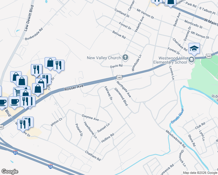 map of restaurants, bars, coffee shops, grocery stores, and more near 952 Fairway Drive in Waynesboro