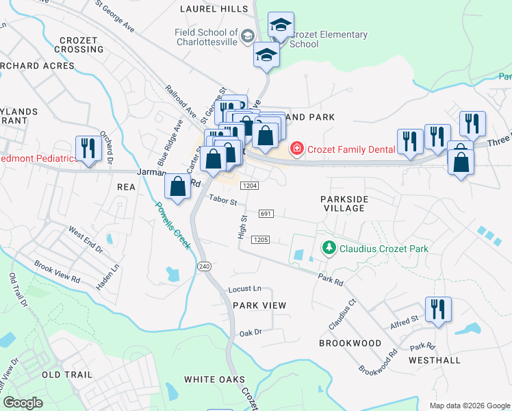 map of restaurants, bars, coffee shops, grocery stores, and more near 5768 Hill Top St in Crozet