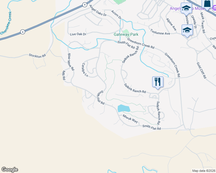 map of restaurants, bars, coffee shops, grocery stores, and more near 365 Smith Flat Road in Angels Camp