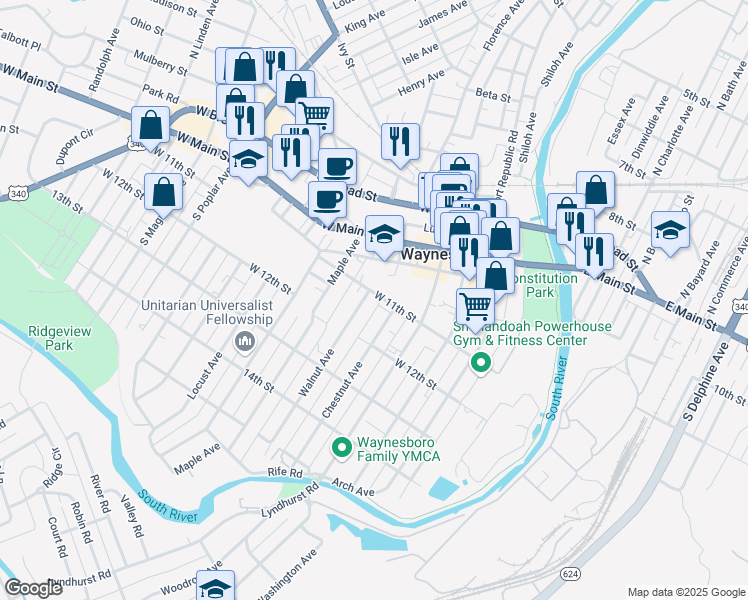 map of restaurants, bars, coffee shops, grocery stores, and more near 618 W 11th St in Waynesboro