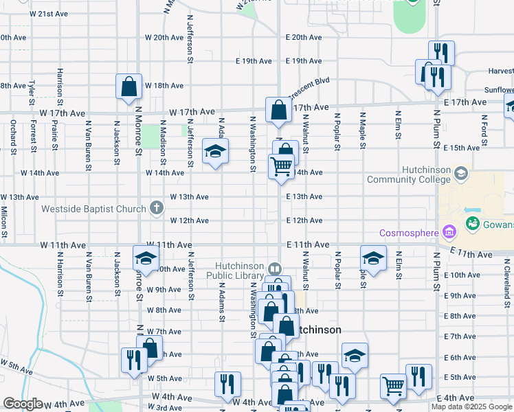map of restaurants, bars, coffee shops, grocery stores, and more near 1252-1298 North Washington Street in Hutchinson