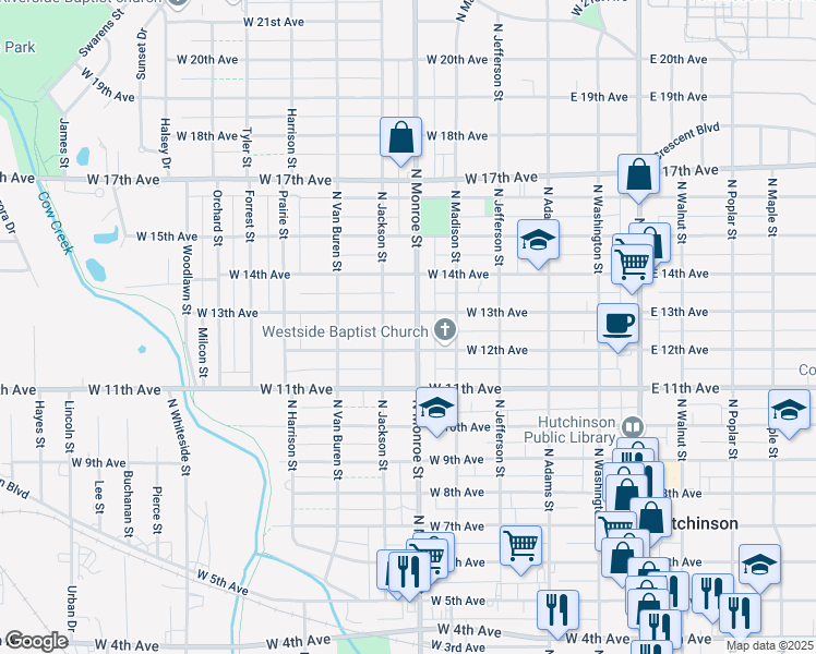 map of restaurants, bars, coffee shops, grocery stores, and more near 1215 North Monroe Street in Hutchinson
