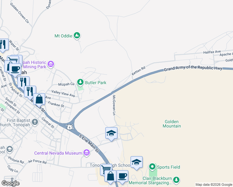 map of restaurants, bars, coffee shops, grocery stores, and more near 2256 U.S. 6 in Tonopah