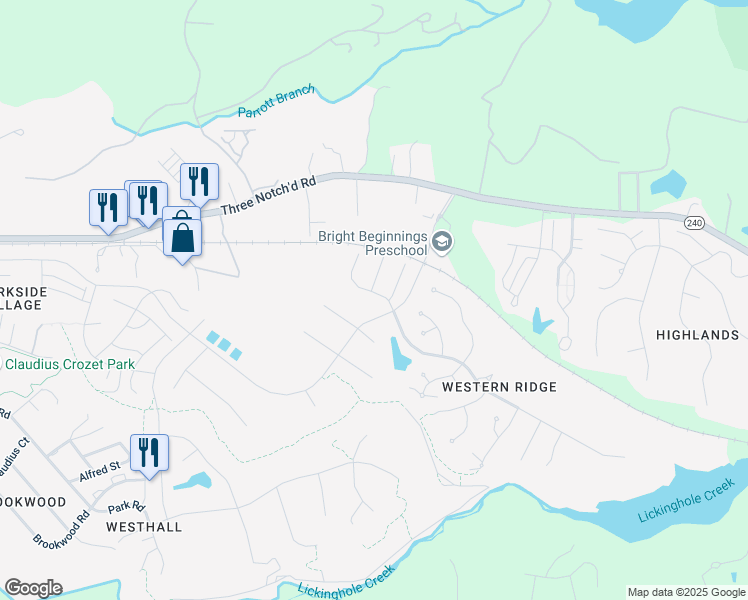 map of restaurants, bars, coffee shops, grocery stores, and more near 5527 Stonegate Ln in Crozet