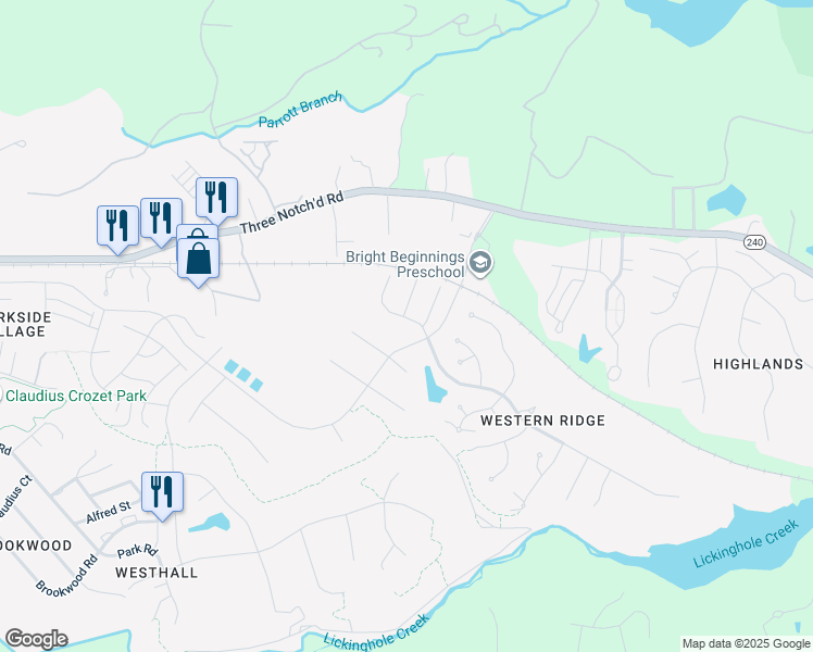 map of restaurants, bars, coffee shops, grocery stores, and more near 5527 Stonegate Ln in Crozet