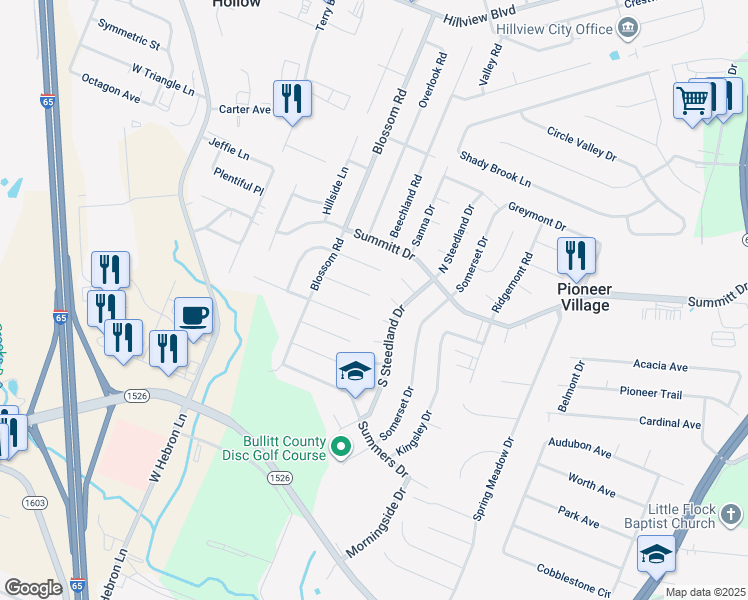 map of restaurants, bars, coffee shops, grocery stores, and more near 223 Wise Court in Louisville