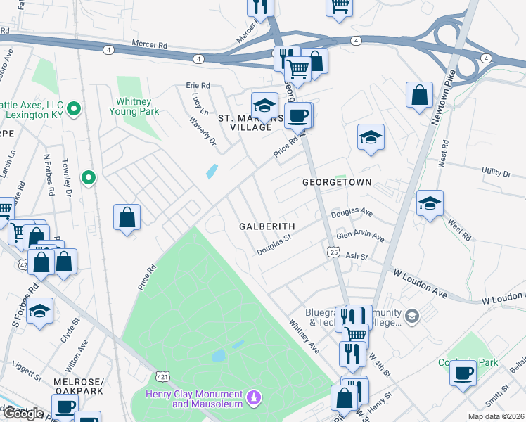 map of restaurants, bars, coffee shops, grocery stores, and more near 747 Florence Avenue in Lexington