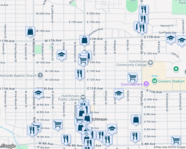 map of restaurants, bars, coffee shops, grocery stores, and more near 1217 North Walnut Street in Hutchinson