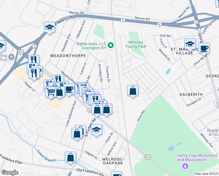 map of restaurants, bars, coffee shops, grocery stores, and more near 1401 Meadowthorpe Avenue in Lexington