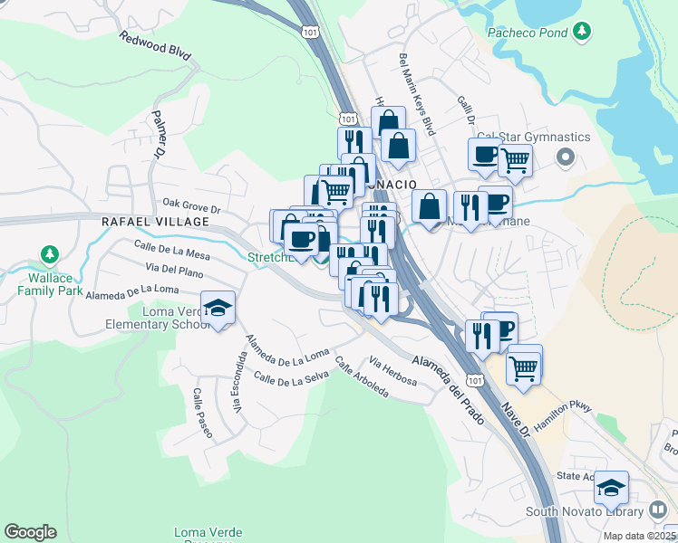 map of restaurants, bars, coffee shops, grocery stores, and more near 17 Salvatore Drive in Novato