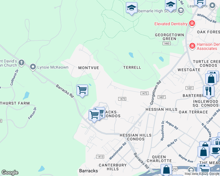 map of restaurants, bars, coffee shops, grocery stores, and more near 1731 Old Forge Road in Charlottesville