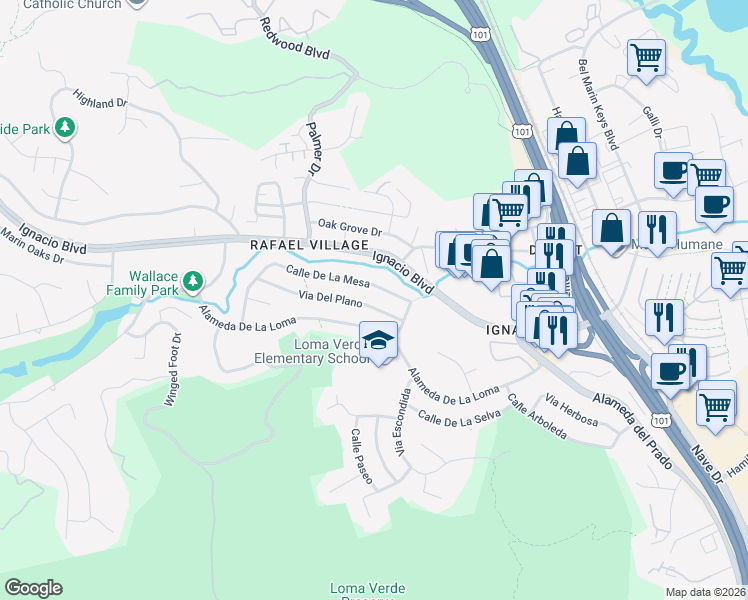 map of restaurants, bars, coffee shops, grocery stores, and more near 422 Via Del Plano in Novato
