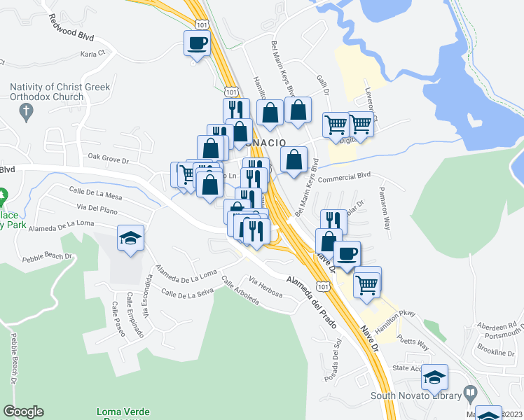 map of restaurants, bars, coffee shops, grocery stores, and more near Salvatore Dr & Enfrente Rd in Novato