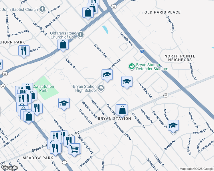 map of restaurants, bars, coffee shops, grocery stores, and more near 201 Eastin Road in Lexington