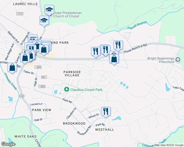 map of restaurants, bars, coffee shops, grocery stores, and more near 375 Claibourne Road in Crozet