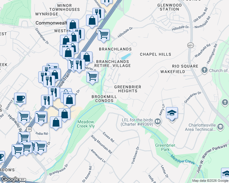 map of restaurants, bars, coffee shops, grocery stores, and more near 598 Pebblecreek Court in Charlottesville