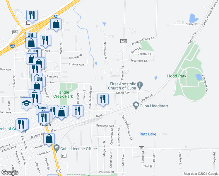 map of restaurants, bars, coffee shops, grocery stores, and more near 1009 Grand Avenue in Cuba