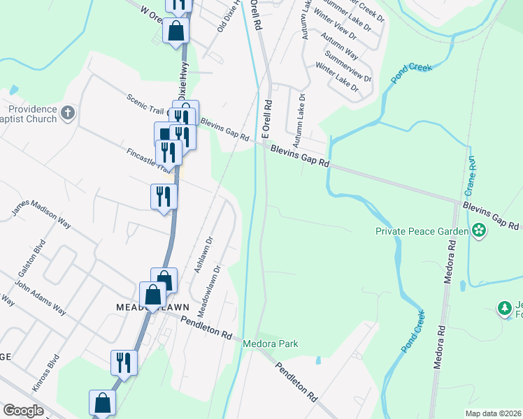 map of restaurants, bars, coffee shops, grocery stores, and more near 13003 East Orell Road in Louisville