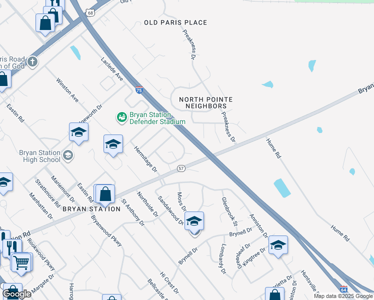 map of restaurants, bars, coffee shops, grocery stores, and more near 2011 Spring Station Drive in Lexington