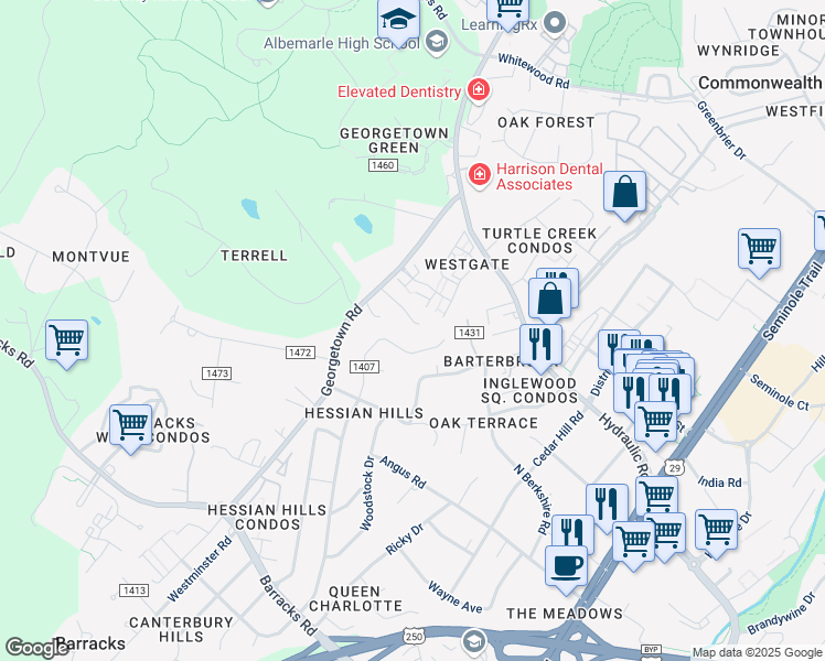 map of restaurants, bars, coffee shops, grocery stores, and more near 55 Court Place in Charlottesville