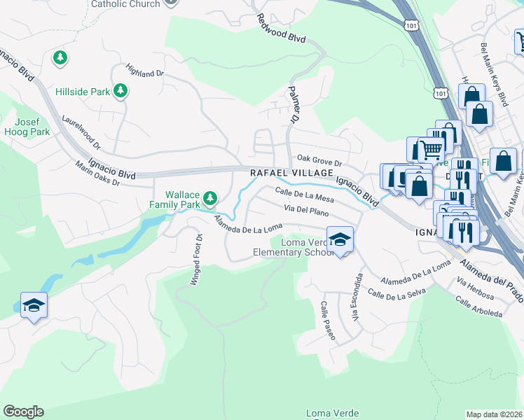 map of restaurants, bars, coffee shops, grocery stores, and more near 50 Corte Roble in Novato