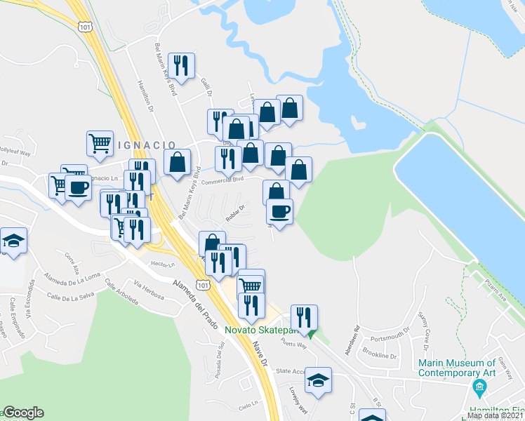 map of restaurants, bars, coffee shops, grocery stores, and more near 14 Pamaron Way in Novato