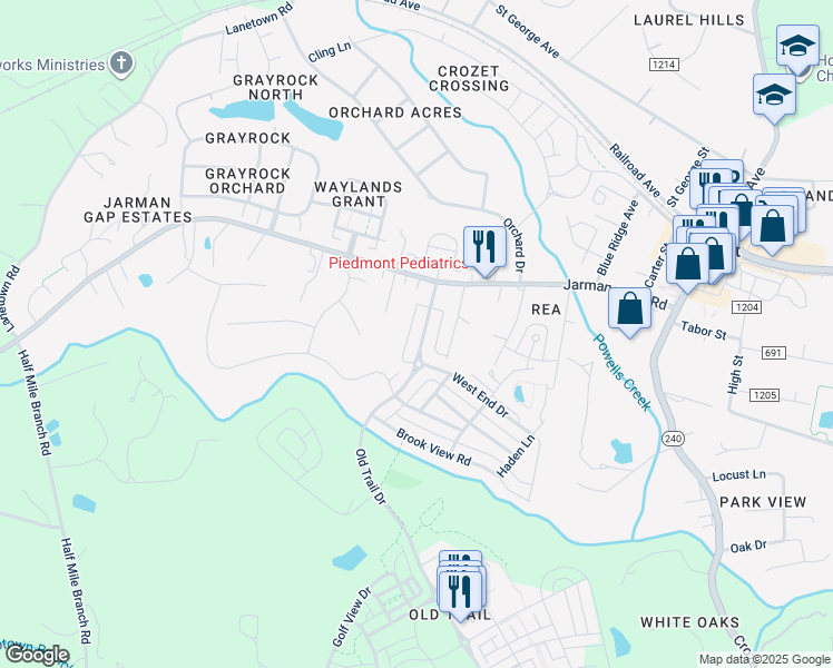 map of restaurants, bars, coffee shops, grocery stores, and more near 1739 Old Trail Drive in Crozet