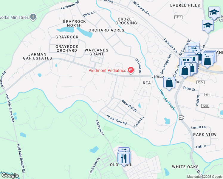 map of restaurants, bars, coffee shops, grocery stores, and more near 1739 Old Trail Drive in Crozet