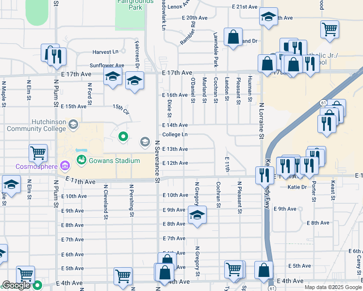map of restaurants, bars, coffee shops, grocery stores, and more near 1301 North Baker Street in Hutchinson