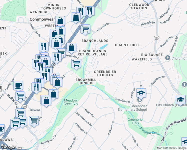 map of restaurants, bars, coffee shops, grocery stores, and more near 594 Pebblecreek Court in Charlottesville