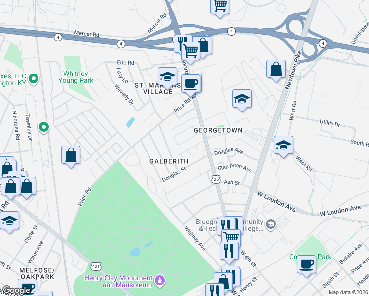 map of restaurants, bars, coffee shops, grocery stores, and more near 435 Lindberg Drive in Lexington