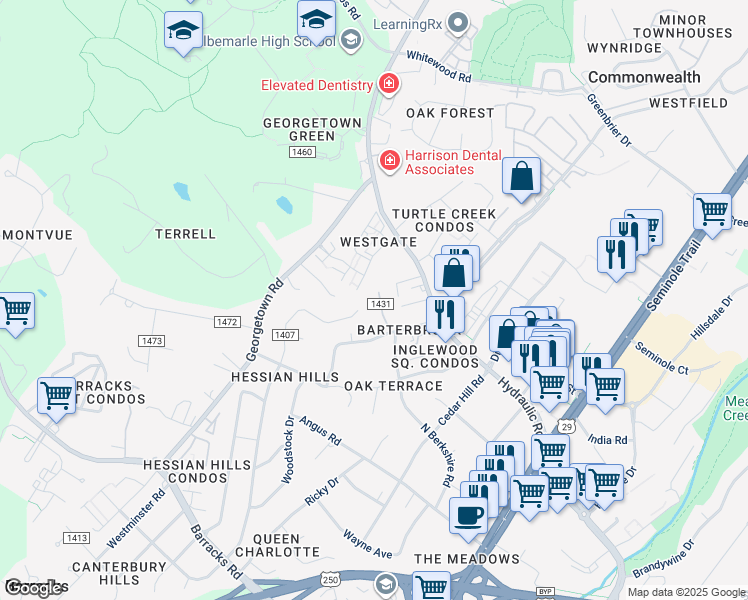 map of restaurants, bars, coffee shops, grocery stores, and more near 2453 North Berkshire Road in Charlottesville