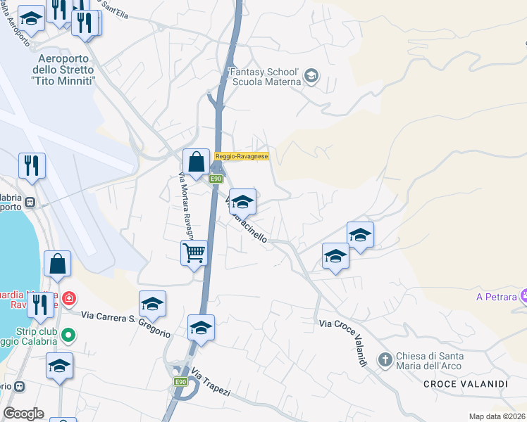 map of restaurants, bars, coffee shops, grocery stores, and more near 23 Via Salita Acquedotto in Reggio Calabria
